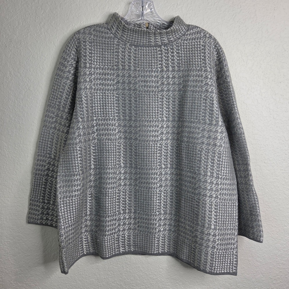 Chico's Mock Neck Sweater Size L 2 Silver Metallic Knit Plaid Zip Back Eclectic